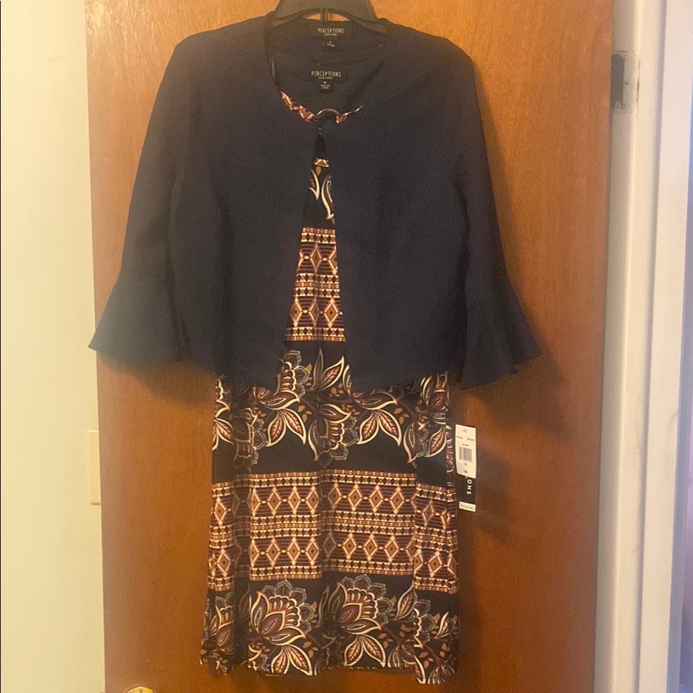 Perceptions Brown and Tan Midi Dress with 3/4 Bell Sleeves